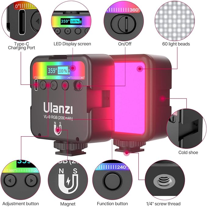 ULANZI VL49 RGB Video Lights, LED Camera Light 360° Full Color Portable - Image 2