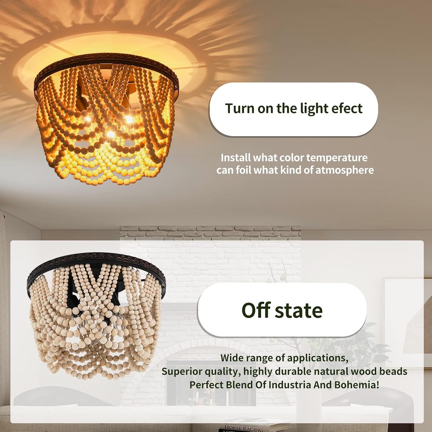 Boho Wood Beaded Chandelier, Bohemia 3 Lights Flush Mount Ceiling Light Fixtures with Engraving Pattern, Farmhouse Chandeliers for Living Room Passway Foyer Entryway Hallway Nursery, Oil Rubbed Bronze