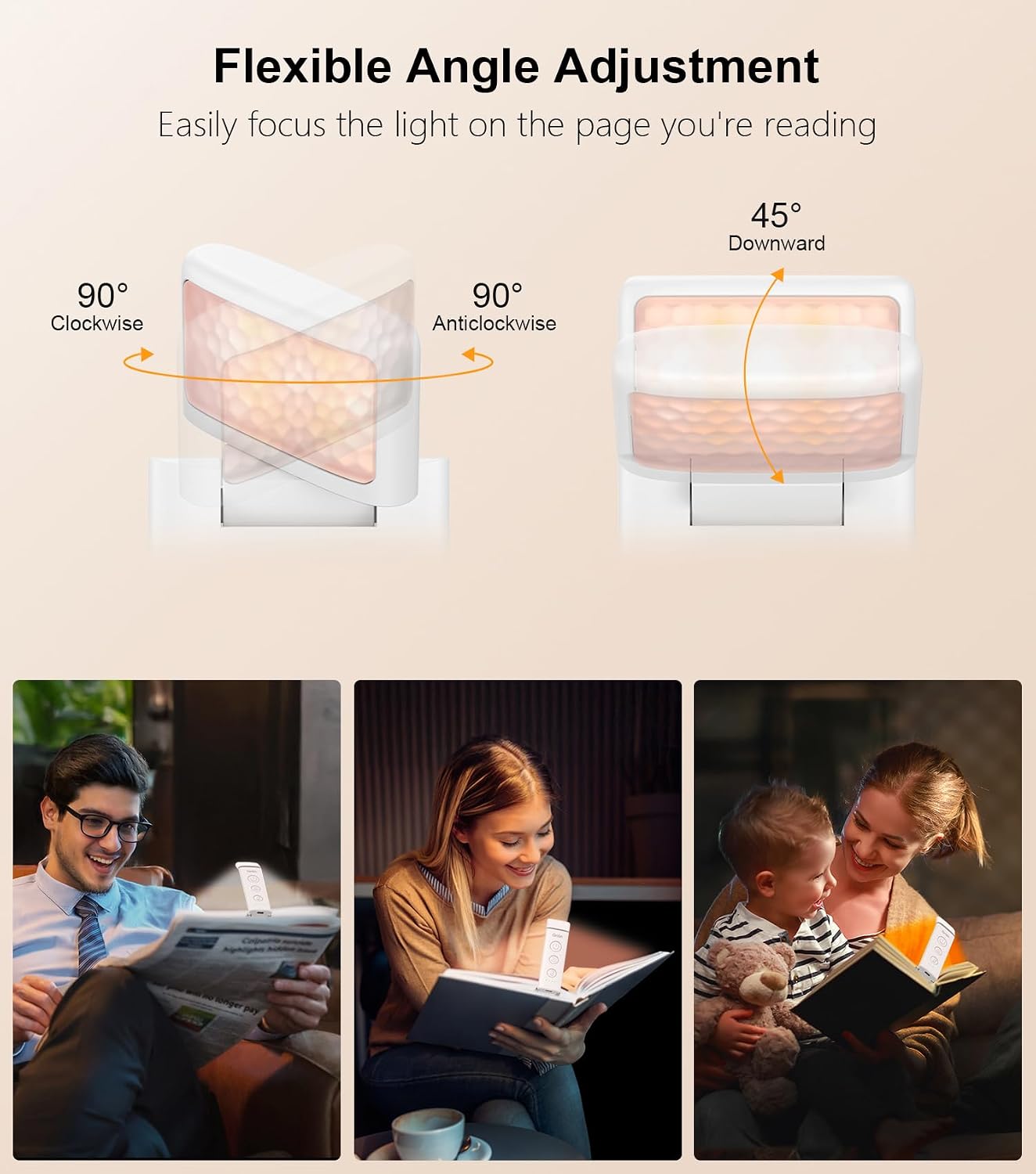 Gritin Book Light Rechargeable, Clip on LED Reading Light for Books in Bed | Eye Caring 3-Color & 5-Brightness, Stepless Dimming, Long Lasting, Compact Size Flexible Book Lamp for Bookworms