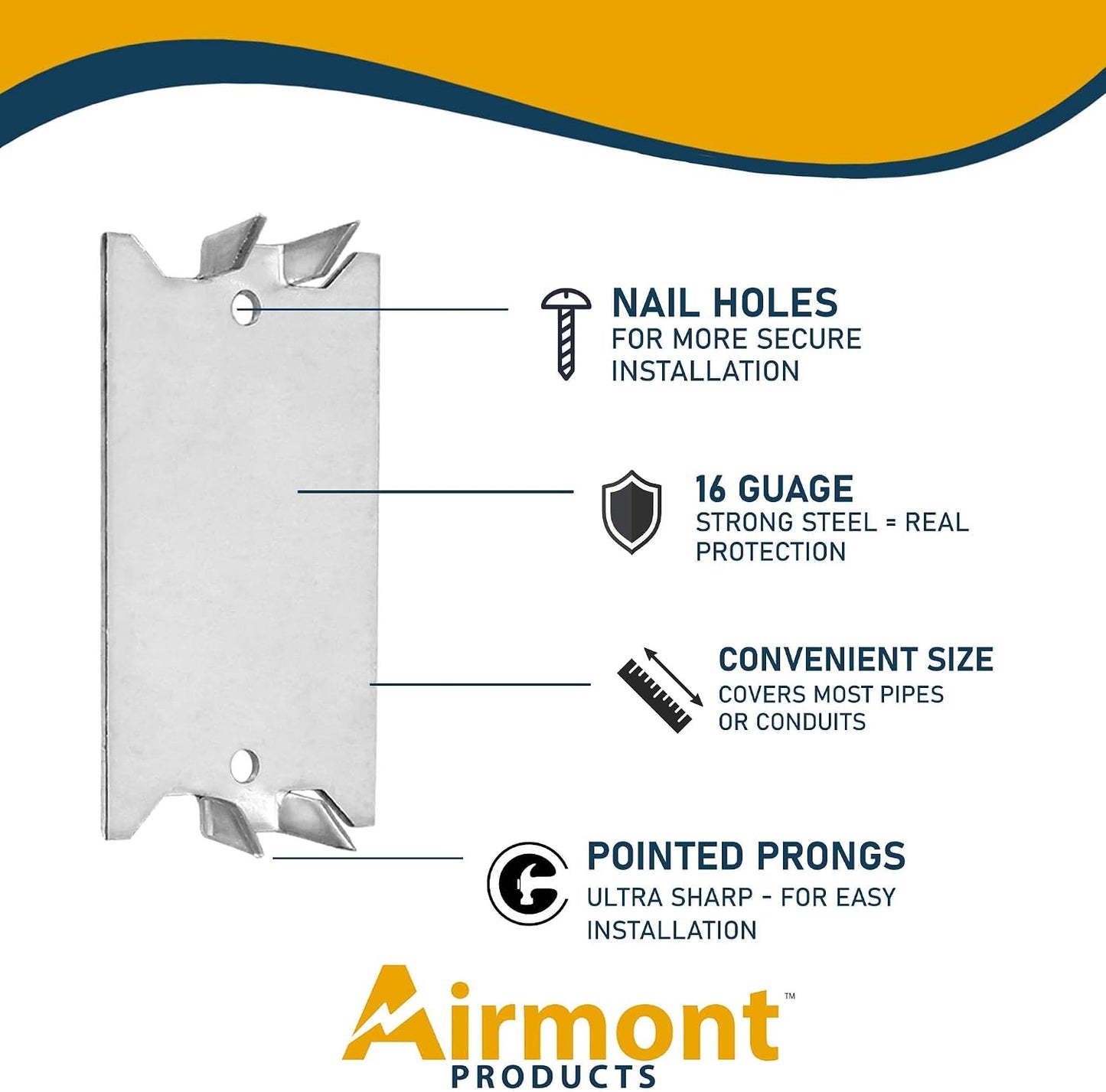 Safety Nail Plate Stud Guard, 1.5 x 2.5 In, 200 Pack | Protection plate shield for electrical wire and pipe. 16-gauge zinc-plated steel, sharp prongs, corrosion resistant.