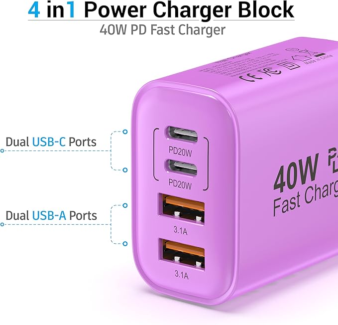 TT&C USB C Block 40W, 4 Ports Wall Plug Fast Charging Block, PD+QC Multiport - Image 3