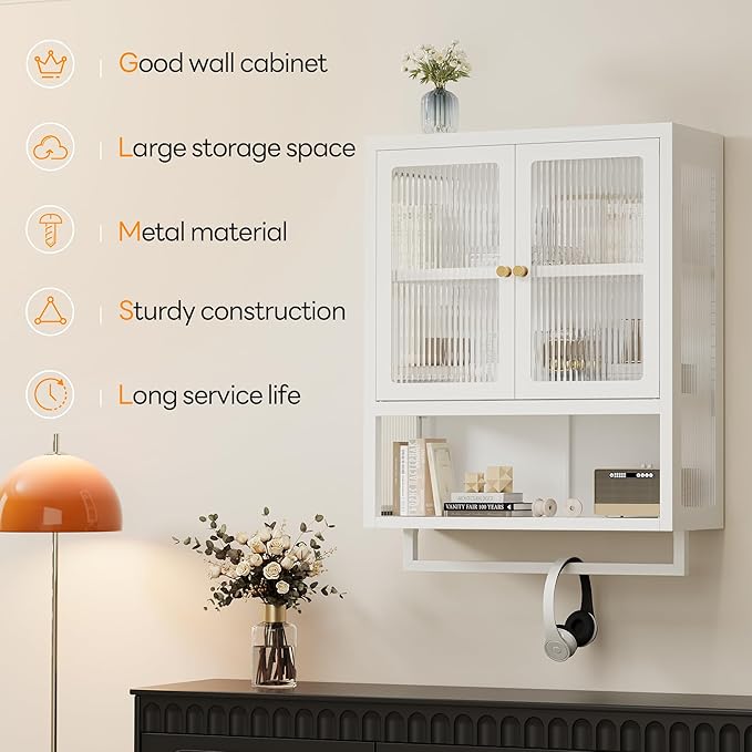 Bathroom Wall Cabinet with 2 Glass Door, Bathroom Medicine Cabinet with Towels - Image 8