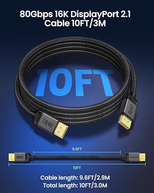Silkland 80Gbps DisplayPort Cable 2.1 10FT/3M, DP 2.1 Cable 16K, DP80 HDR DSC - Image 5