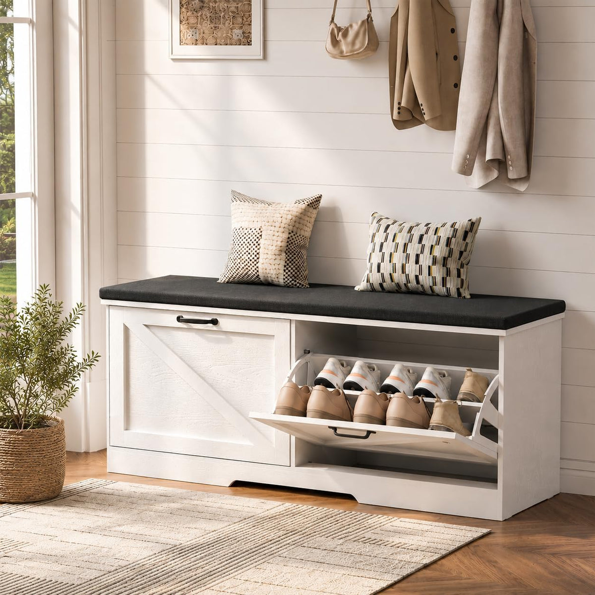 farmhouse shoe storage bench with seat cushion &, main product view
