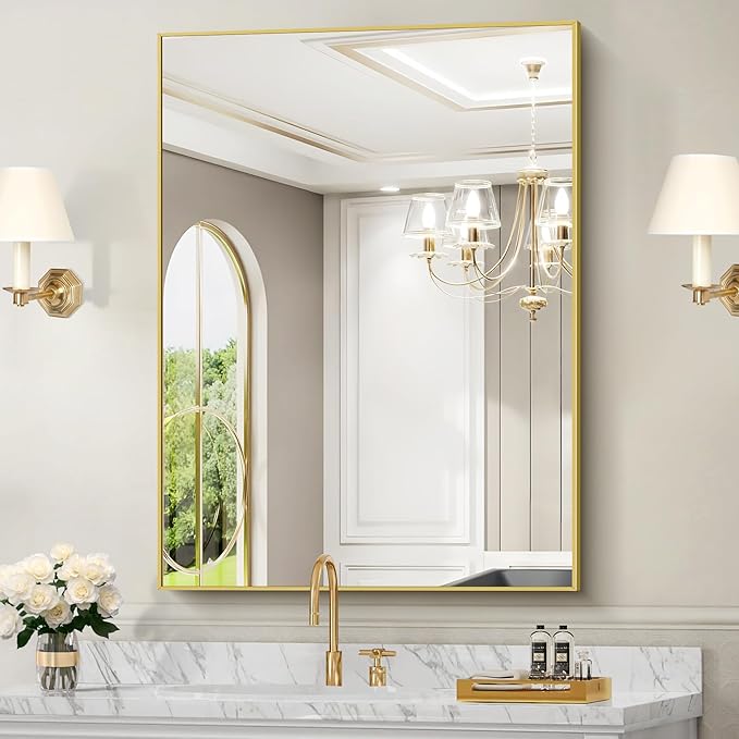 30x40In Gold Bathroom Mirror for Wall, Brushed Gold Rectangle Mirrors - Image 8