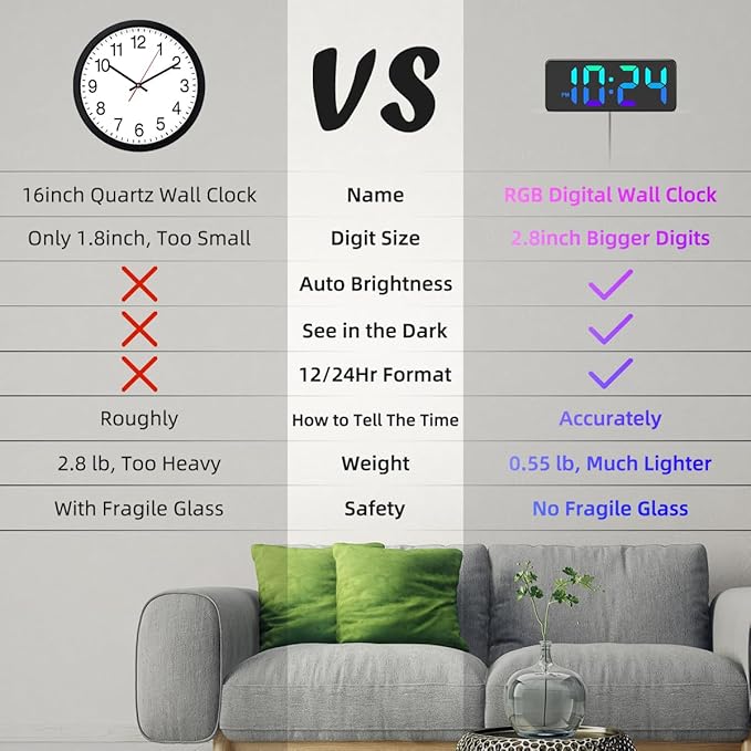LED Digital Wall Clock with Dynamic RGB Display, Big Digits, Auto-Brightness - Image 4