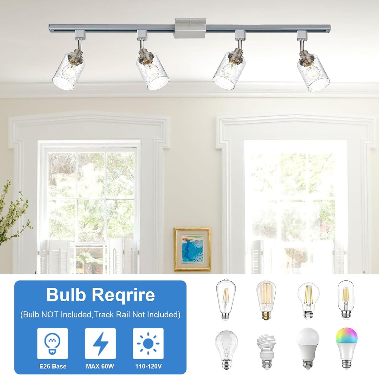 4 Pack H Track Lighting Heads Brushed Nickel Track Lighting Fixtures with Bubble Glass, Multi-Directional Rotating H Type Track Light Replacement Heads E26 Modern Spotlight for Kitchen Island