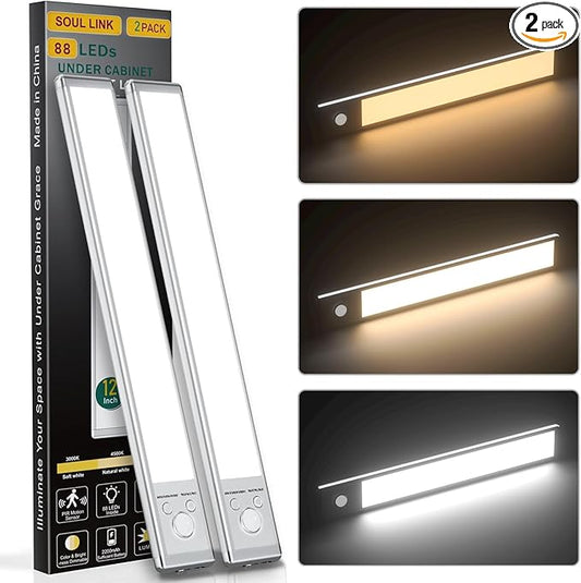 Under Cabinet Lights, 88 LED Operated Motion Sensor Light Indoor, 2200mAh USB by SOUL+LINK