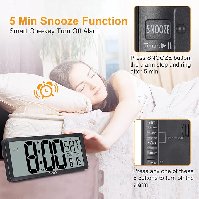 XREXS Large Digital Wall Clock, Battery Operated Alarm Clocks - Image 2