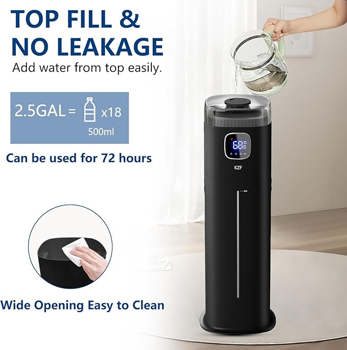 KZF Large Humidifier for Bedroom, 9L/2.5Gallon Ultrasonic Cool Mist Humidifier - Image 3