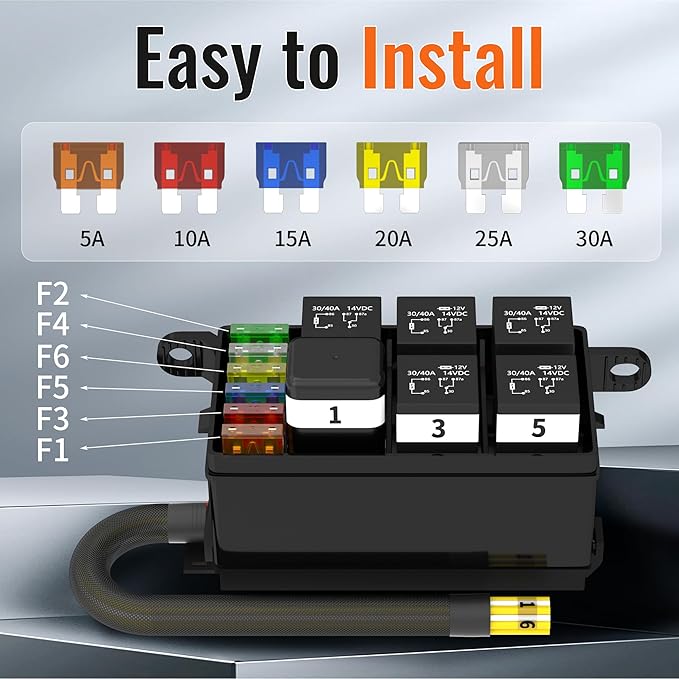 Fuse Box 12V Relay Box 6 Way Automotive Waterproof Relay Fuse Box Pre-Wired - Image 3