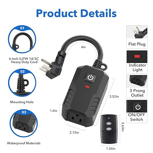BN-LINK Outdoor Remote Control Outlet Plug Black, Indoor Wireless Outlet Switch - Image 6