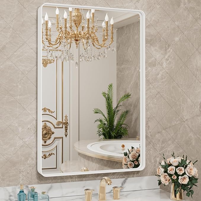 LOAAO 28x36 Inch White Metal Framed Bathroom Mirror by LOAAO