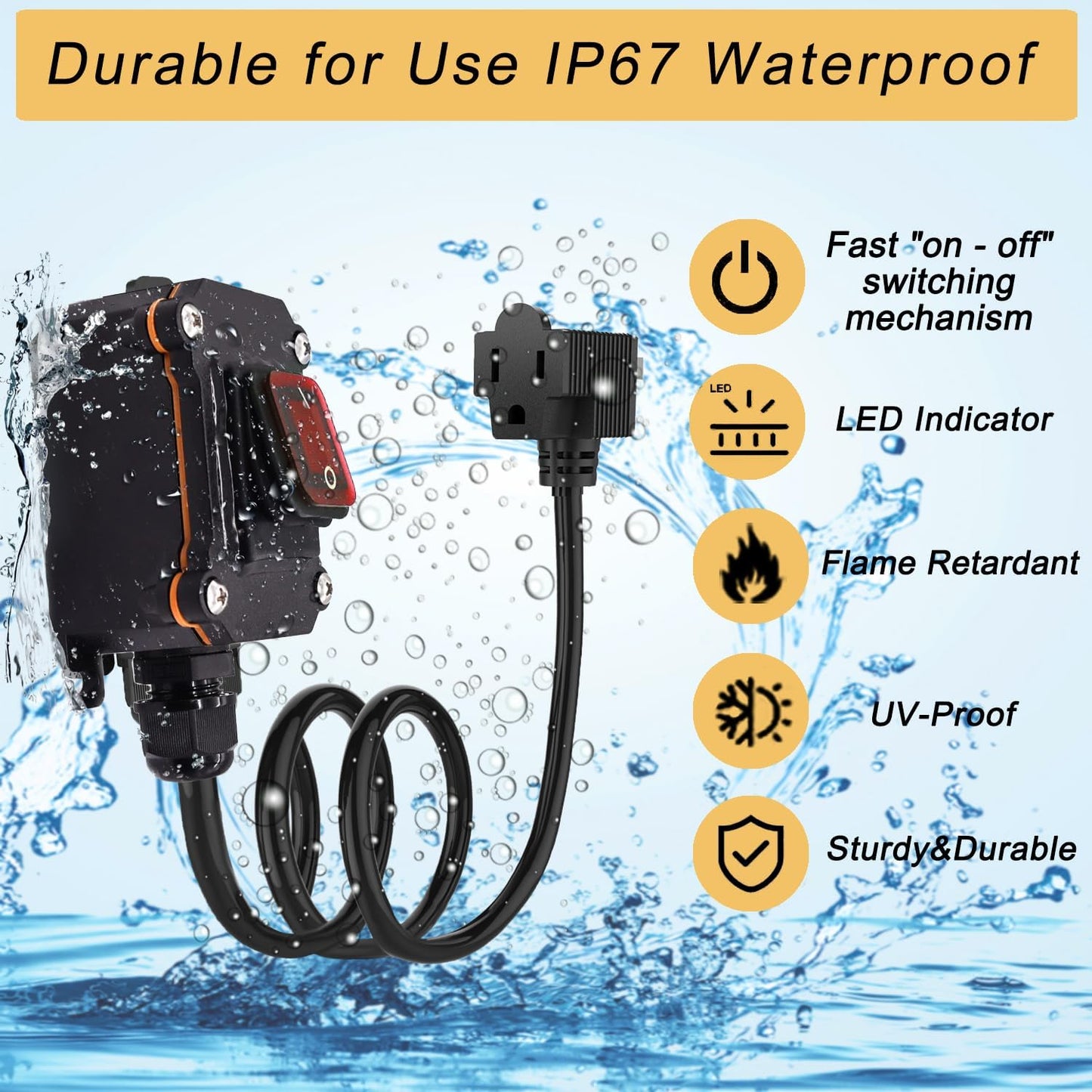 Inline Cord Switch with 6ft 14AWG Cable Piggyback Plug(3-Pronged), IP67 Waterproof Extension Cord with Red LED Rocker Button, AC/DC 20A-125V, 16A-250V Inline Power Switch (6FT)