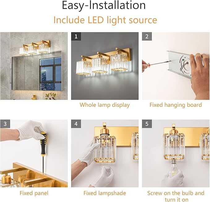 FDPBY Modern Bathroom Vanity Light 3-Lights Gold Crystal Bathroom Wall Light - Image 7