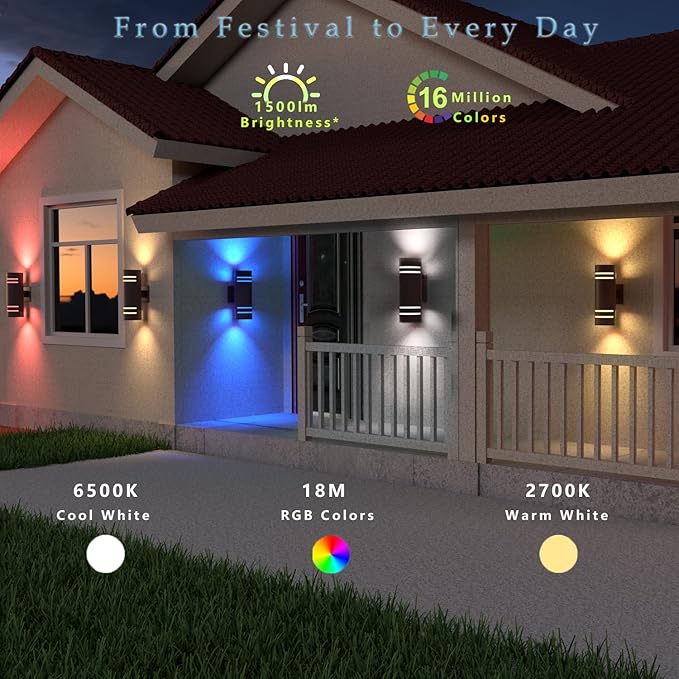rosykite Smart Outdoor Wall Lights Color Changing 2 Pack, RGB+2700K-6500K - Image 2