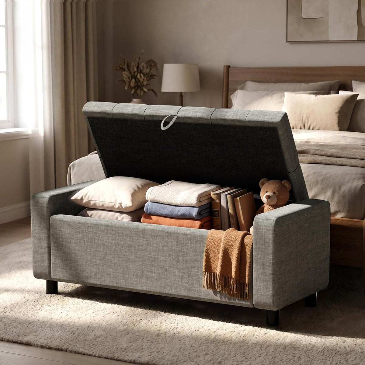 46" storage ottoman bench, 30gal linen tufted, end, main product view