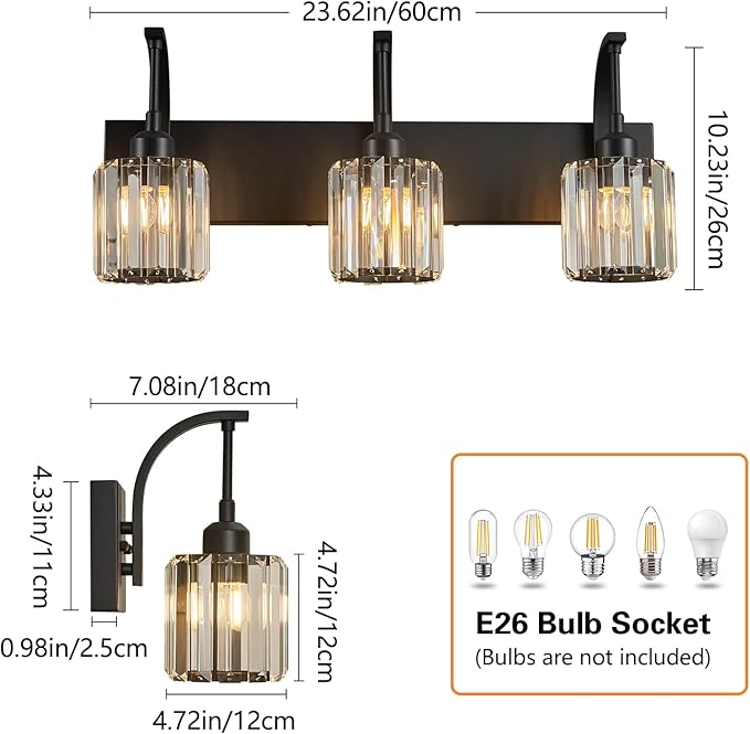 FDPBY 3-Light Crystal Vanity Light, Modern Black Bathroom Wall Sconce - Image 5