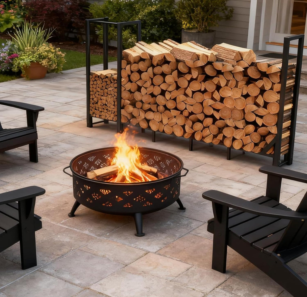8ft heavy duty firewood rack with kindling storage,black, side view