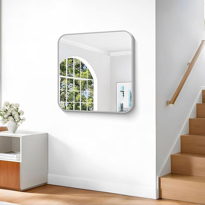 Silver Bathroom Mirror, 30 x 30 Inch Silver Square Mirror, Metal Framed - Image 6