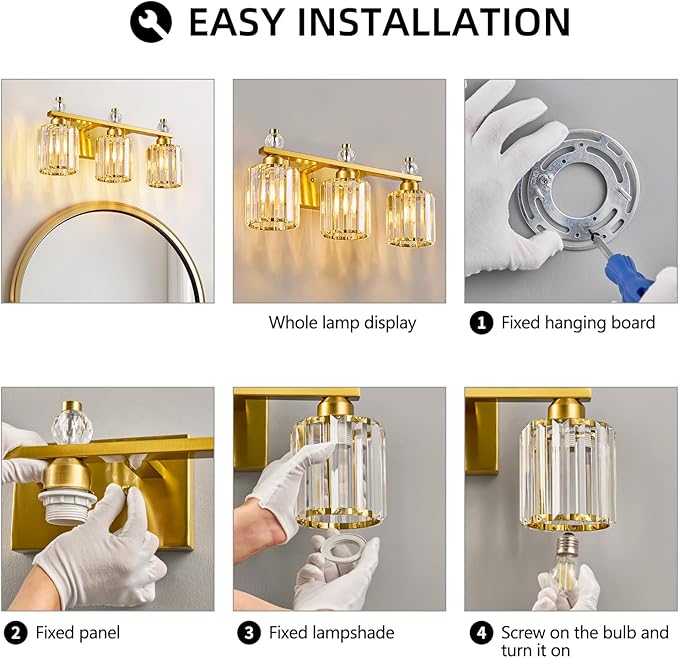 FDPBY Bathroom Vanity Lights 3-Light Gold Modern Crystal Vanity Light Fixtures - Image 7