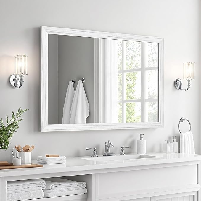 White Wood Effect Framed Wall Mirror, 24x36 Rectangle Mirror, Anti-desilvering by Ultrue