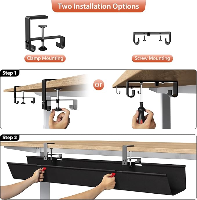 Univivi No Drill Under Desk Cable Management Tray, Clamp/Screw Mount Desk Cable - Image 6