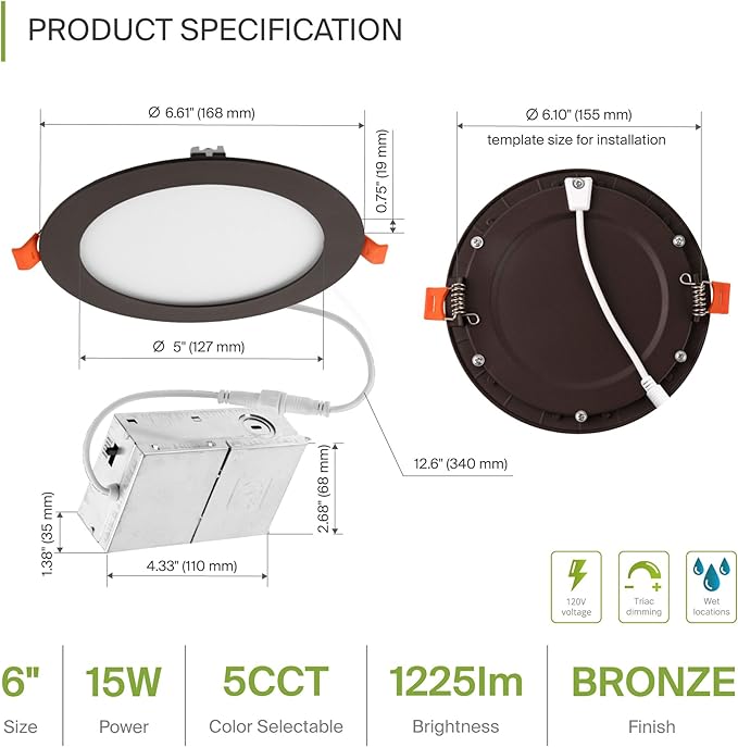 ASD 1 Pack LED Recessed Lighting 6 Inch 15W, 5 CCT 2700K-5000K CRI90+, IC Rated - Image 2