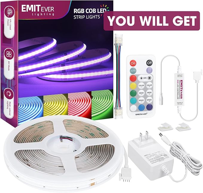 EMITEVER RGB LED Strip Light 16.4ft, Dimmable COB 24V Flexible LED Color - Image 9
