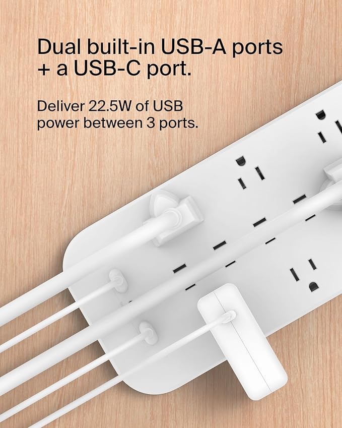 Belkin 12-Outlet Surge Protector Power Strip w/ 12 AC Outlets, 2 USB-A Ports - Image 5