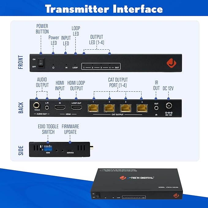 J-Tech Digital HDMI 2.0 4K 1x4 Splitter Extender Over Single Cable CAT6 - Image 7