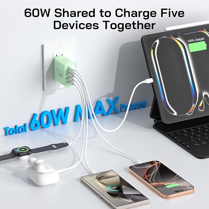 2Pack USB C Fast Charger Block, Total 60W 5-Port USB C Wall Charger 30W Type C - Image 4