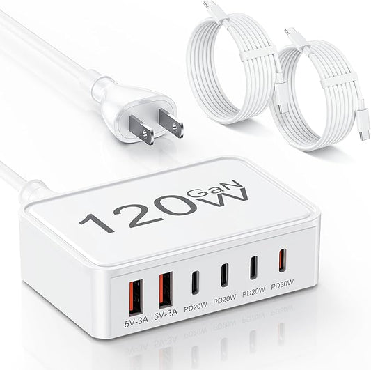 USB C Charger Block, 120W GaN 6 Port Type C Fast Charging Station Hub, 5FT Cord by Topabol
