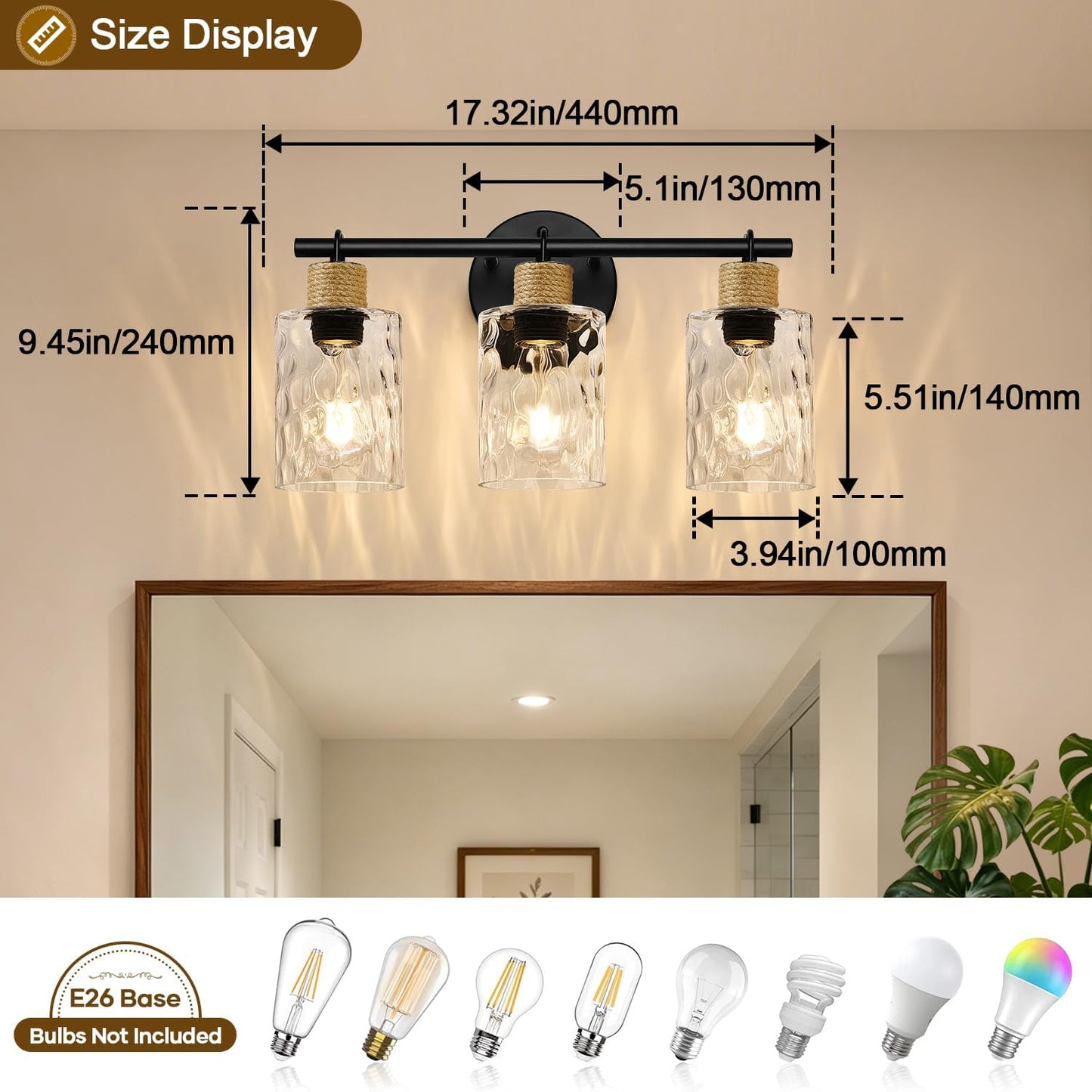 MOKATNG Bathroom Light Fixtures, 3-Light Coastal Vanity Lights with Crystal Glass Shade, Black Bathroom Wall Lamp for Mirror Kitchen Hallway Cabinet