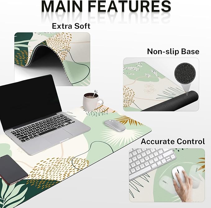 Britimes Green Boho Leaves Keyboard Mouse Pad Set 4in1 Large Mousepad+Keyboard - Image 3