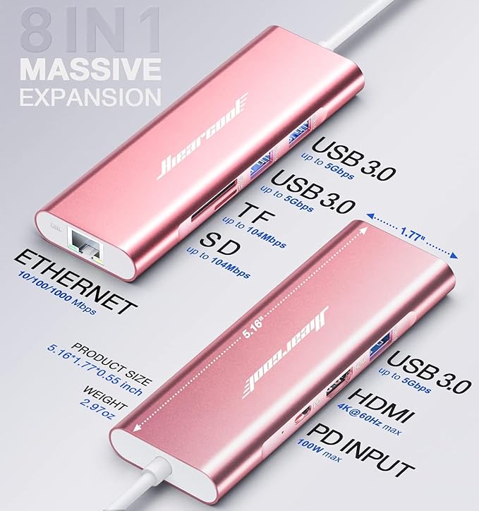 Hiearcool USB C Hub Ethernet, 8in1 USBC Hub Multi-Port Adapter, USB-C to HDMI - Image 5