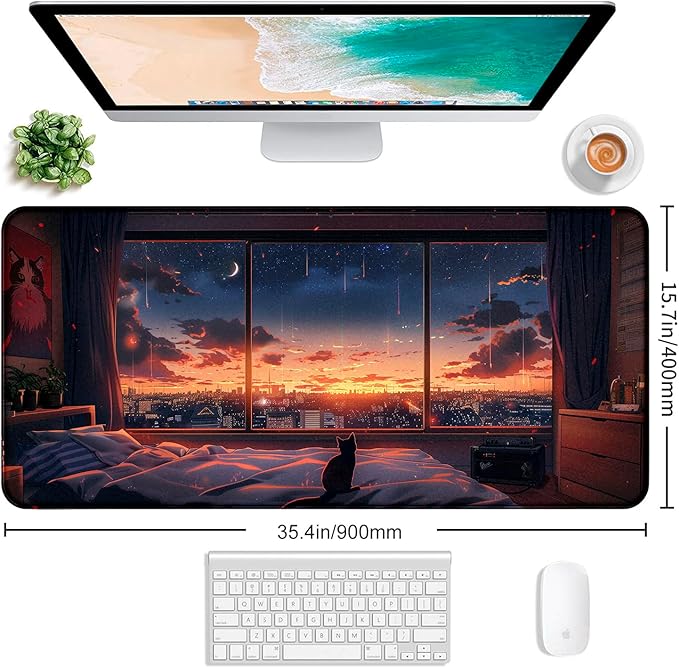 Anime Cat Fantasy Window Mouse Pad, Summer Mouse Pad Large Healing Night Scene - Image 2