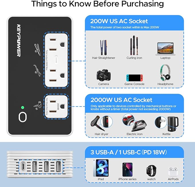 Key Power 2000W Step Down Converter, 220V to 110V Voltage Converter US to Europe - Image 3