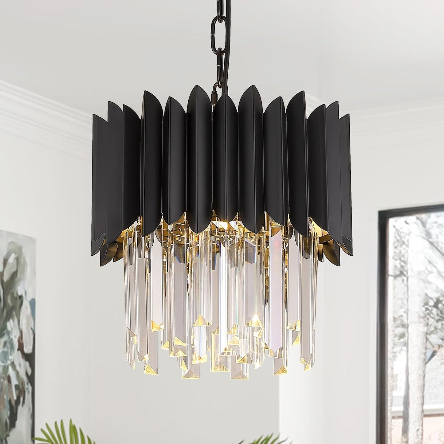 Black Crystal Chandelier Small K9 Crystal Round Pendant Lights 11.8in Adjustable Modern Crystal Ceiling Pendant Light Fixture 3-Lights for Dining Room Living Room Kitchen Foyer Entryway