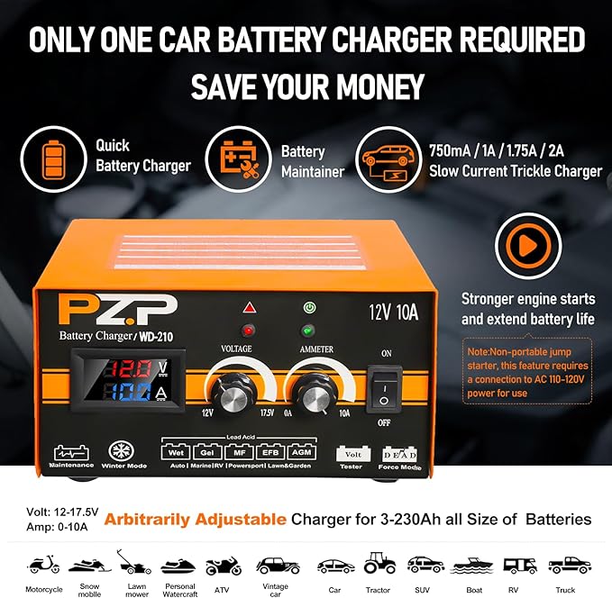 PZP 12V Manual Battery Charger Maintainer, 0 to 10A Arbitrarily Adjustable Car - Image 3