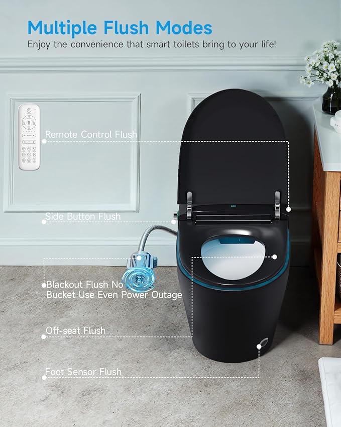 WANSID Black Smart Toilet with Bidet Built In, Auto Open/Close Lid, Heated Seat - Image 6