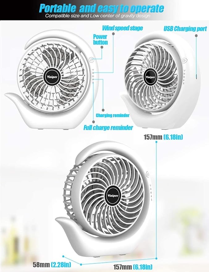 Viniper Portable Rechargeable Fan, Small Desk Fan : 3 Speeds & 8-24 Hours - Image 5