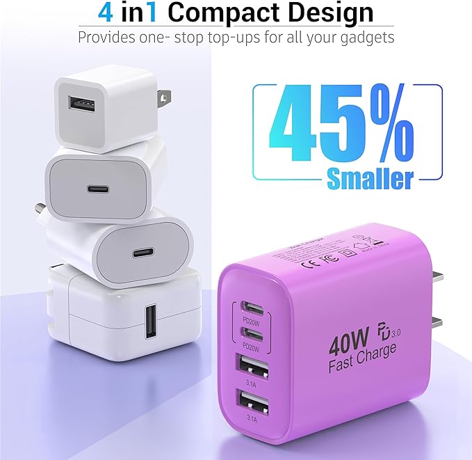 TT&C USB C Block 40W, 4 Ports Wall Plug Fast Charging Block, PD+QC Multiport - Image 5