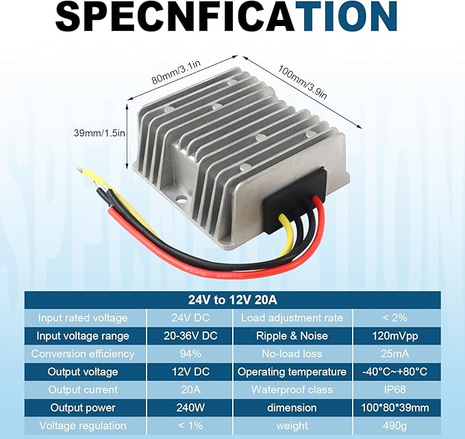 DC Buck Converter 24V 36V to 12V 20A 240W, Adjustable Voltage Regulator Module - Image 3