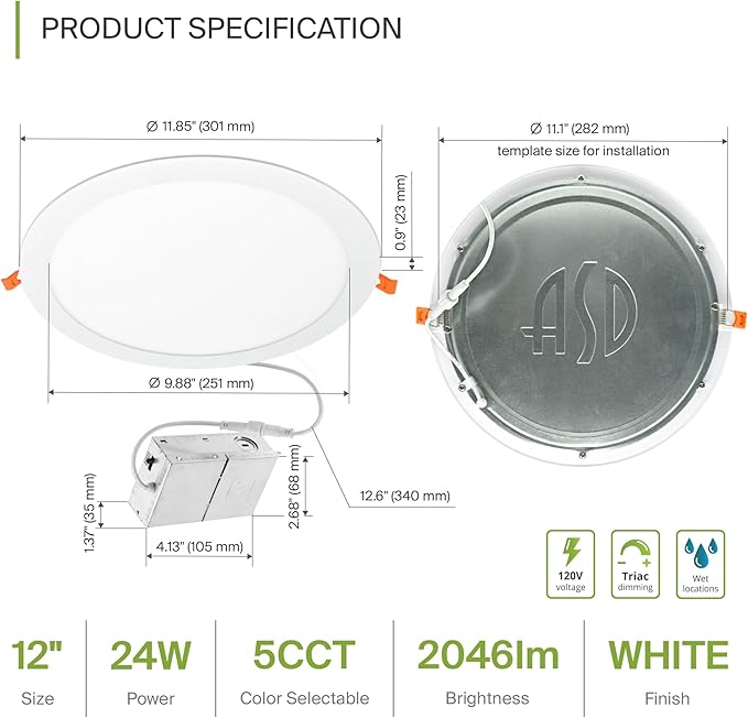 ASD 1 Pack 11/12 Inch LED Recessed Lighting 24W, 5 CCT 2700K-5000K CRI90+ - Image 2