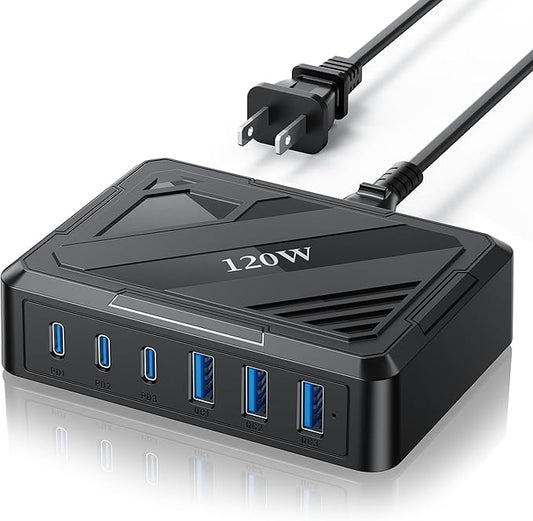 MaxLax 120W 6-Port USB Desktop Rapid Charging Station, 3 USB-C Ports + 3 USB-A by MaxLax