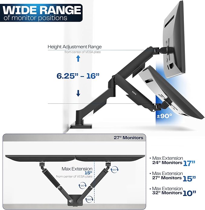 VIVO Dual Monitor up to 32 inches and 19.8 lbs per Screen, Pneumatic Arm Desk - Image 4