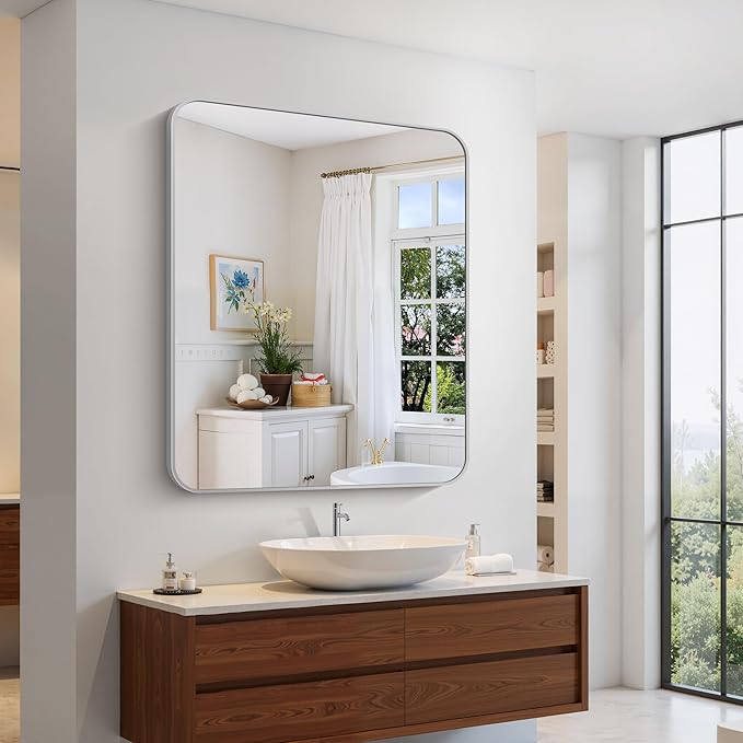 48x40 Inch Silver Bathroom Mirror, Large Rectangle Mirror, Metal Framed - Image 7