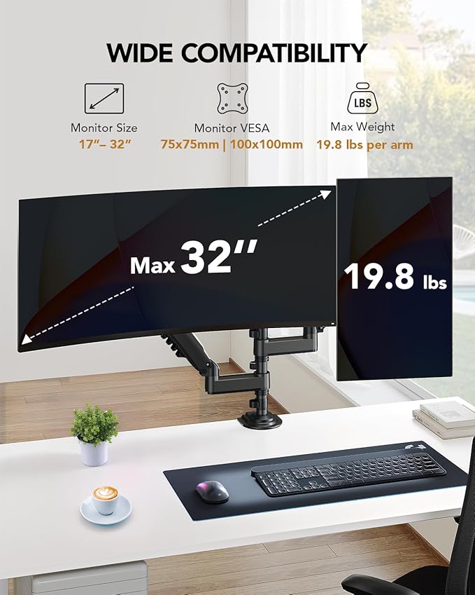 HUANUO 13-32 Inch Dual Monitor Stand, NITROGLIDE™ Dual Monitor Mount, Monitor - Image 2