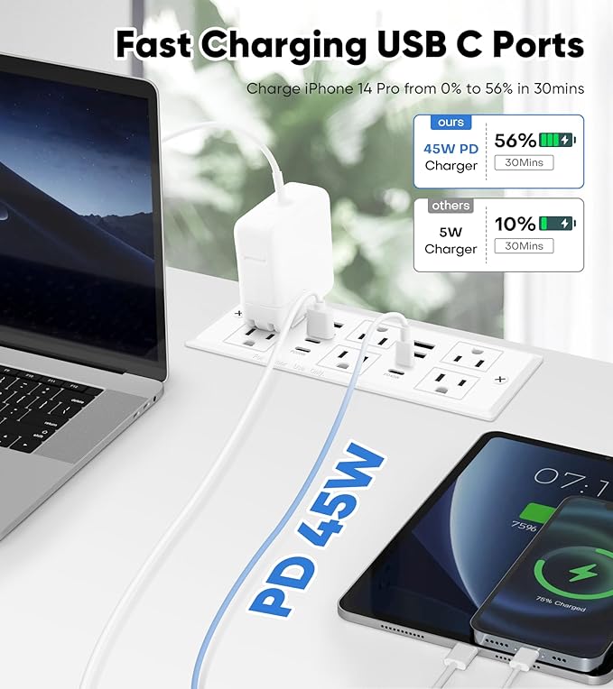 Recessed Power Strip with 45W USB C, Furniture Desk Flush Mount Outlet - Image 3